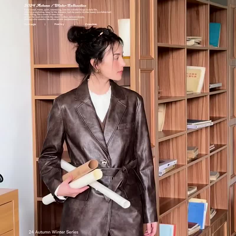 Grey Brown City Architect Vintage Suit PU Leather Motorcycle Jacket - เสื้อแจ็คเก็ต - เส้นใยสังเคราะห์ สีนำ้ตาล