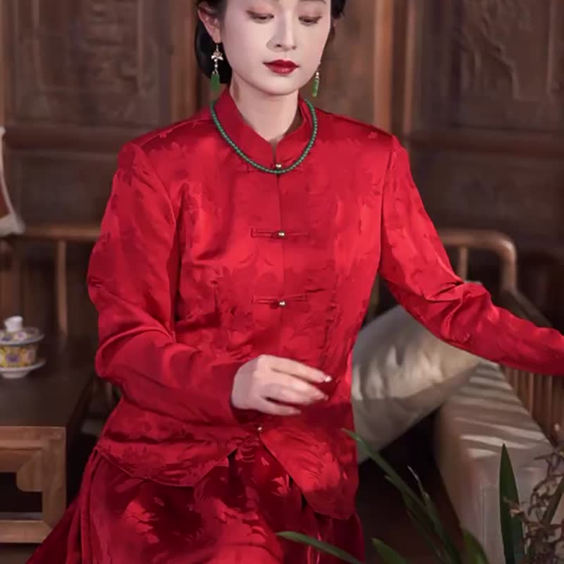 Yaner suit red dress new Chinese suit toast dress bride casual morning gown skirt - กี่เพ้า - ไฟเบอร์อื่นๆ สีแดง