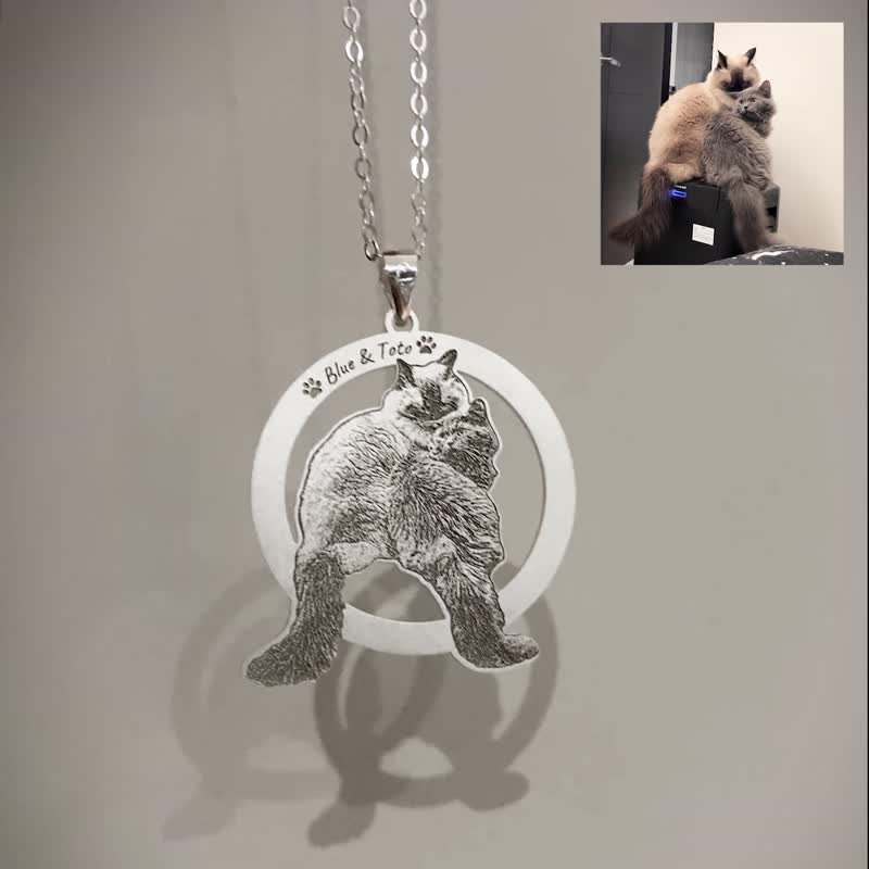 純銀照片影雕 外框圓 鑰匙圈  狗狗 貓貓 嬰兒 小寶寶 紀念品 - 鑰匙圈/鑰匙包 - 純銀 銀色