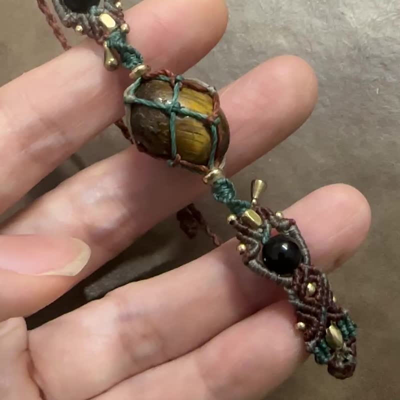 H364 民族風 森林系 蠟線編織 虎眼石 黑曜石珠 銅珠 手環 - 手鍊/手環 - 寶石 咖啡色