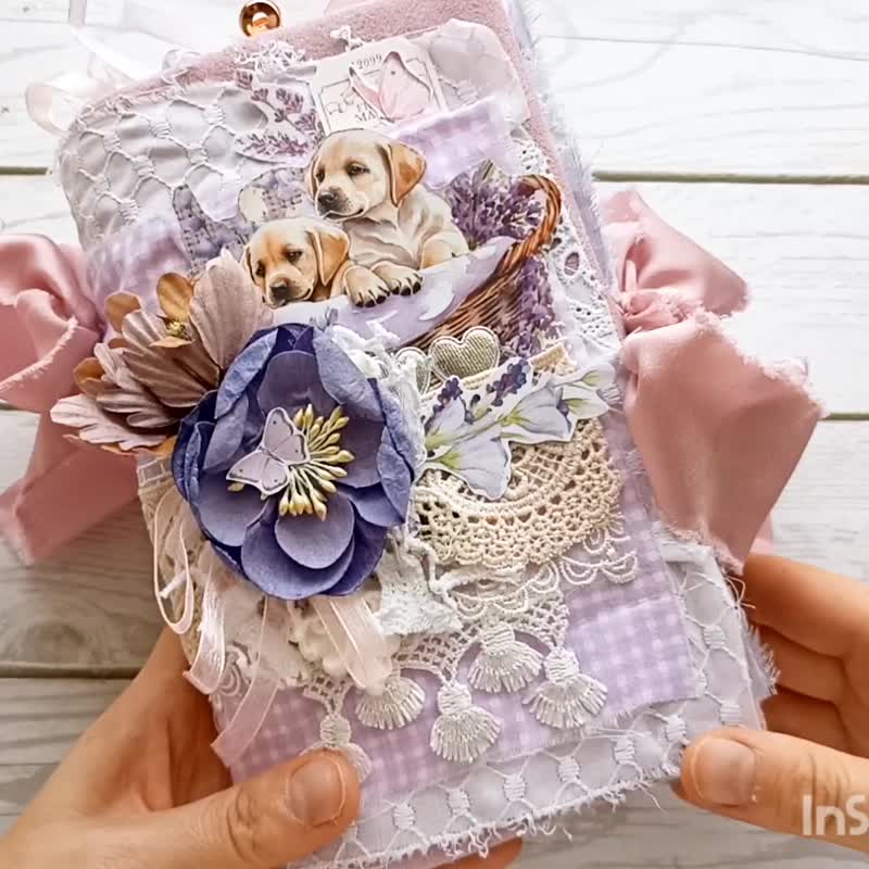 Lavender junk journal handmade Purple flower lilac puppy notebook Tuscany - สมุดบันทึก/สมุดปฏิทิน - กระดาษ สีม่วง