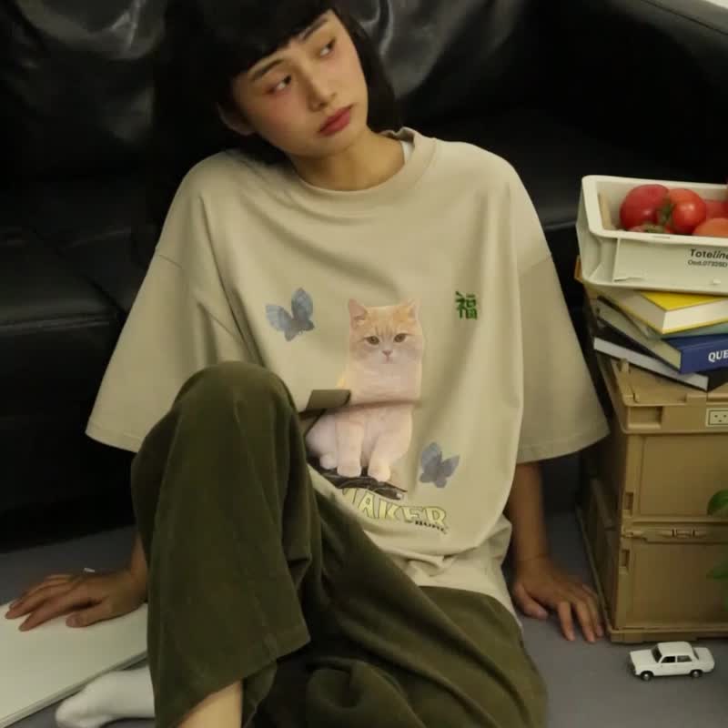 奇数メーカー招き猫カーキプリント半袖Tシャツ女性夏日本のかわいいデザインニッチ半袖トップス - Tシャツ - コットン・麻 