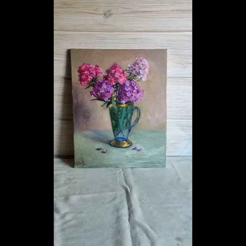 Flowers painting Original art Floral oil artwork Bouquet in vase - 海報/掛畫/掛布 - 其他材質 紫色