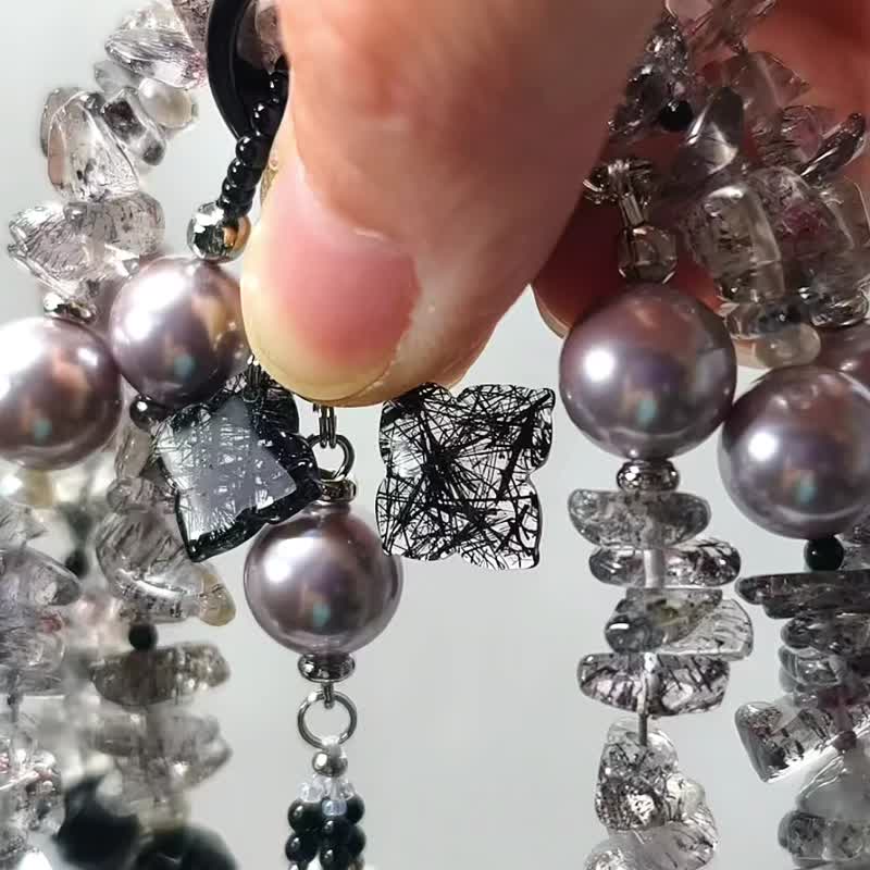 頂級黑超七水晶 黑髮晶 黑瑪瑙 珍珠 4圈手鍊項鍊2用 單品 禮物 - 手鍊/手環 - 寶石 黑色