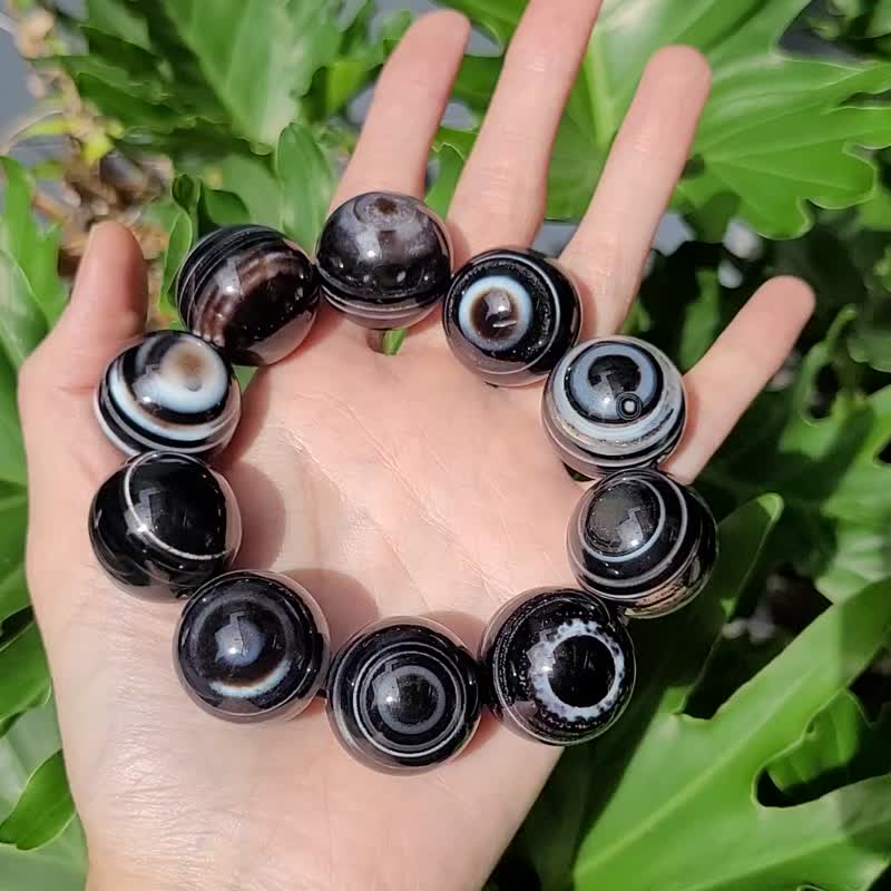 稀有收藏級黑纏絲瑪瑙天珠雙天眼 招財 25mm 手鍊 獨家 單品 禮物 - 手鍊/手環 - 寶石 黑色
