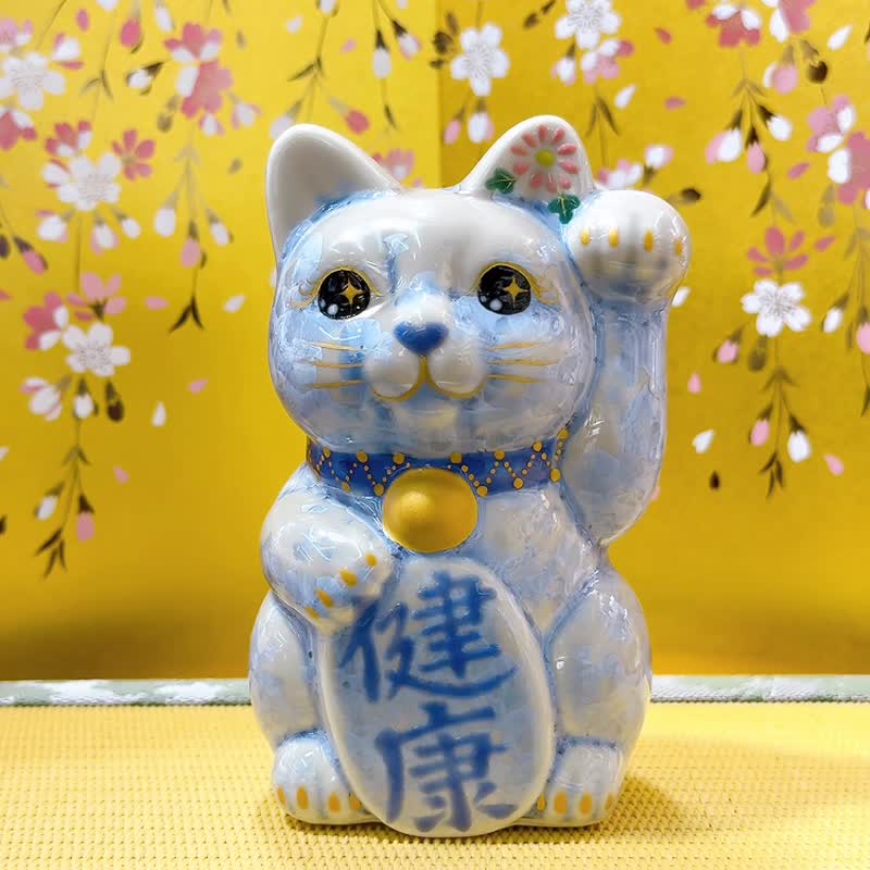【藤晴安福】日本清水燒招財貓 | 花結晶 銀藤 - 健康 左 - 擺飾/家飾品 - 瓷 藍色