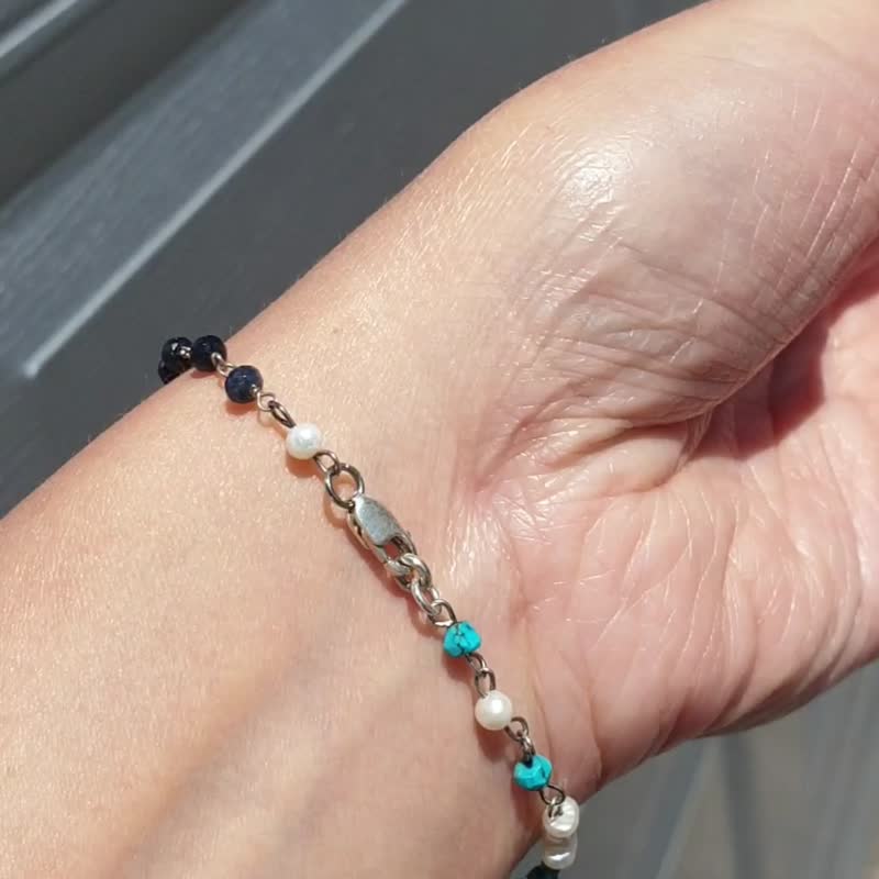 Chain bracelet, Turquoise, Sapphire, Pearl, 925 Sterling Silver, September gems - 手鍊/手環 - 珍珠 多色