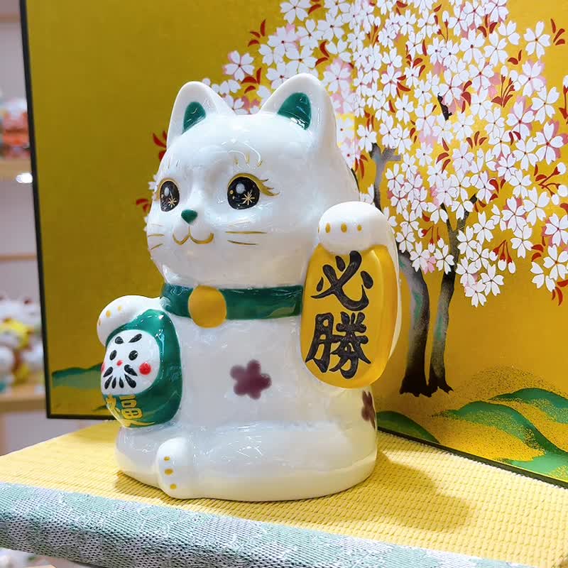 【必勝吉祥】日本清水燒招財貓 | 達摩花結晶 - 白必勝 - 擺飾/家飾品 - 瓷 白色