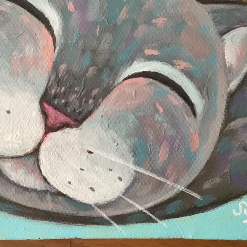 Original cat painting on canvas 15x15cm.sleep grey cat. - Wall Décor - Acrylic Yellow