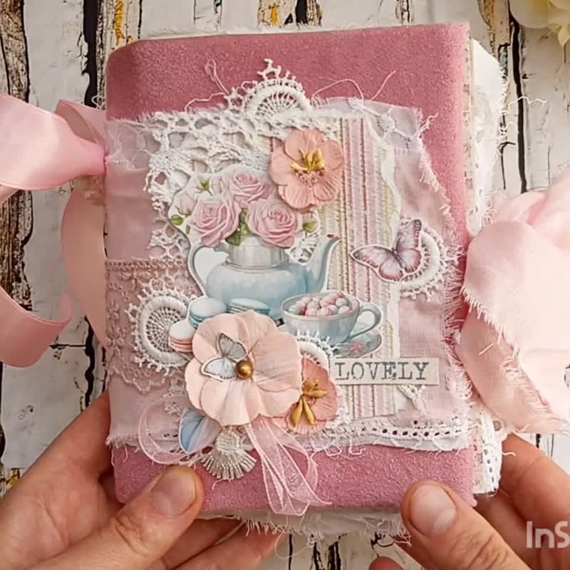 Rose garden tea time junk journal handmade blank Lace flowers tea pot notebook - สมุดบันทึก/สมุดปฏิทิน - กระดาษ สึชมพู