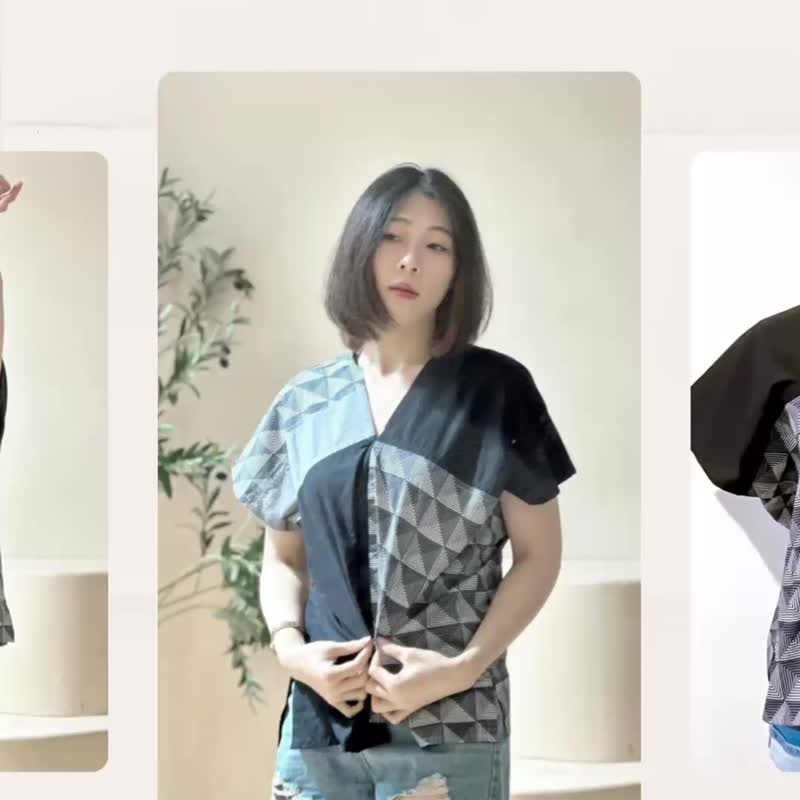 獨一無二不對稱下擺黑灰白撞色幾何線條方塊四角衣四方衣 - 女上衣/長袖上衣 - 棉．麻 黑色
