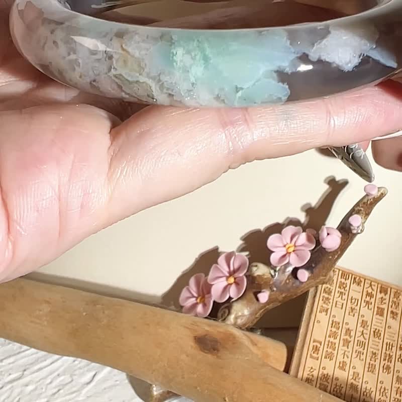 Sakura Agate Bracelet Agate Bracelet Premium Ash Purple Ice Pink Flower Belt Green Grassland Round Bar Bracelet 55-57 - Bracelets - Jade 