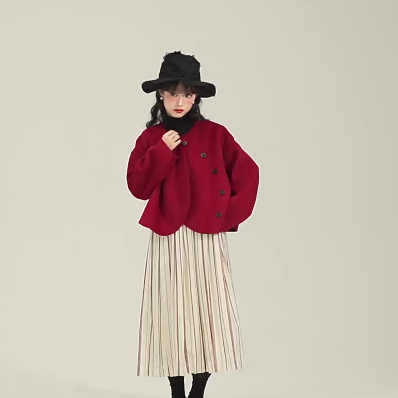 Rosemary Vintage Side Placket Wool Double Face Red Short Jacket - เสื้อแจ็คเก็ต - ขนแกะ สีแดง