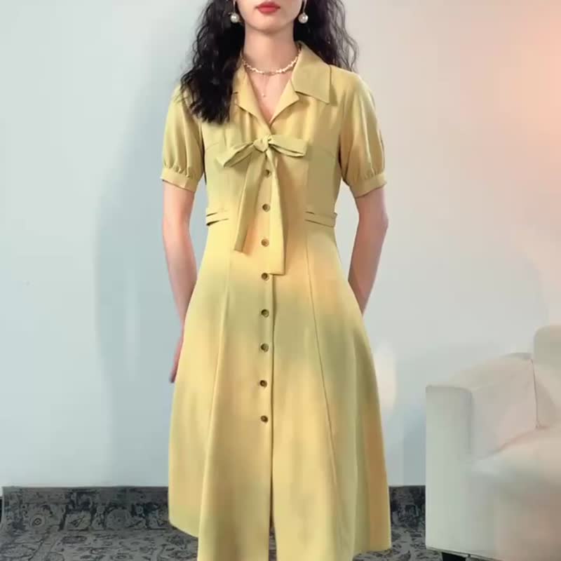 Limited sale French suit collar shirt tie ginger yellow short-sleeved dress dress does not include dragonfly - One Piece Dresses - Other Materials Yellow