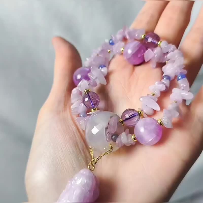 頂級紫鋰輝 獬豸 紫水晶 丹泉 雲母 珍珠 紫色 手鍊 單品 禮物 - 手鍊/手環 - 寶石 紫色