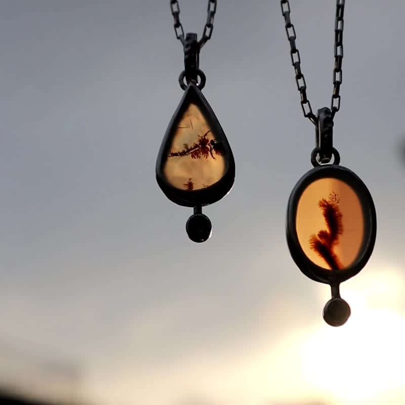 風景瑪瑙ペンダントネックレス-オーバル-16～18インチ-925シルバー - ネックレス - スターリングシルバー 透明