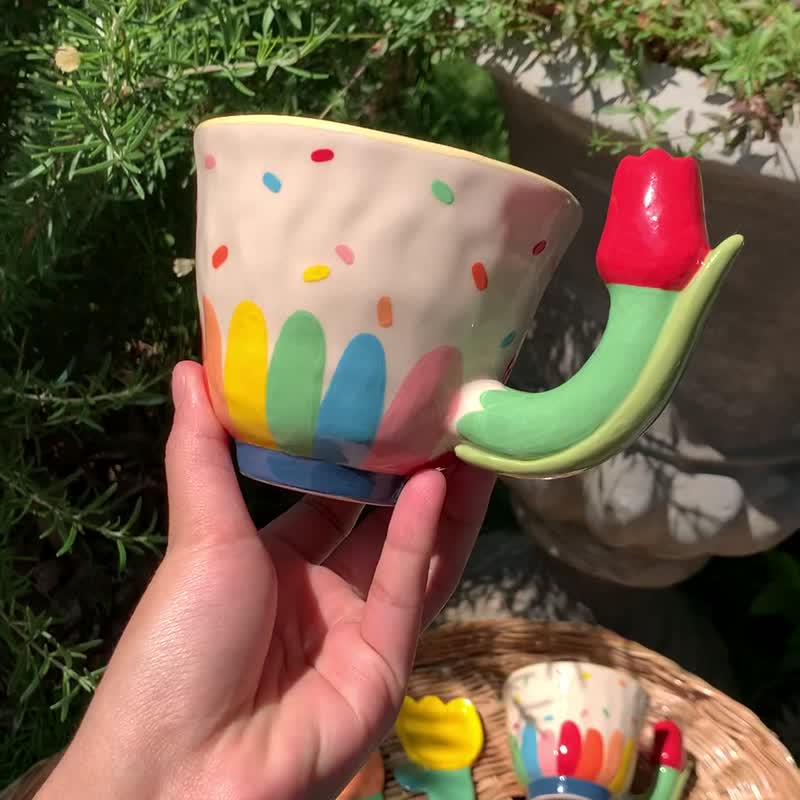 Cup Ceramic Rainbow with Orange Spoon - 花瓶/花器 - 陶 紅色