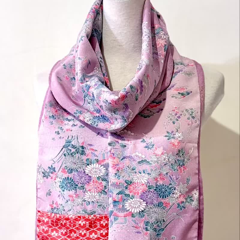 純手作絲質古典紫色花草撞色橘色幾何圖騰拼接圍巾 - 圍巾/披肩 - 棉．麻 紫色