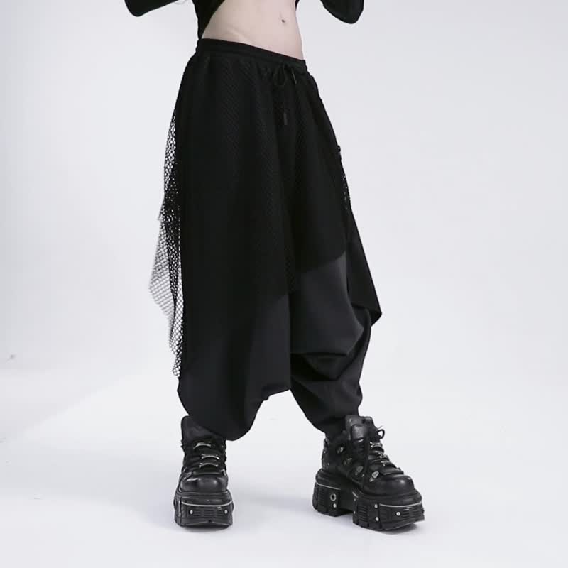 Pagan Warrior Street Mesh Flying Squirrel Pants/Elastic Waistband - กางเกงขายาว - วัสดุอื่นๆ สีดำ