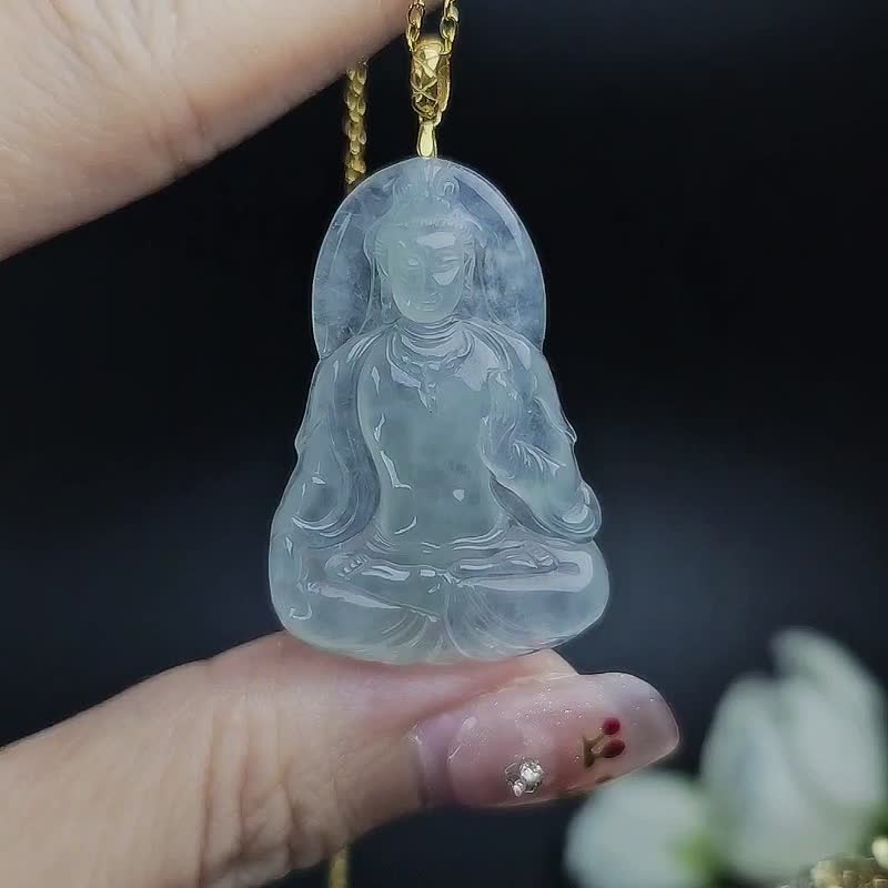 Wealth·Career·Study·Safety|18k Gold Ice Glass Sky Blue Guanyin|Myanmar Jade Pendant - Necklaces - Jade 