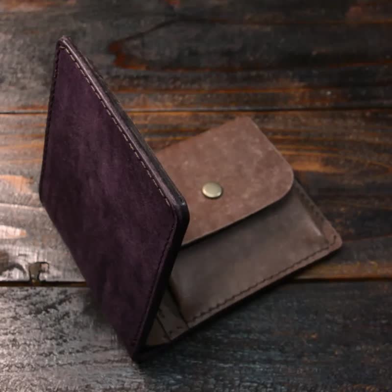 Italian Leather PUEBLO bifold wallet purple / Hand sewing - Wallets - Genuine Leather Purple