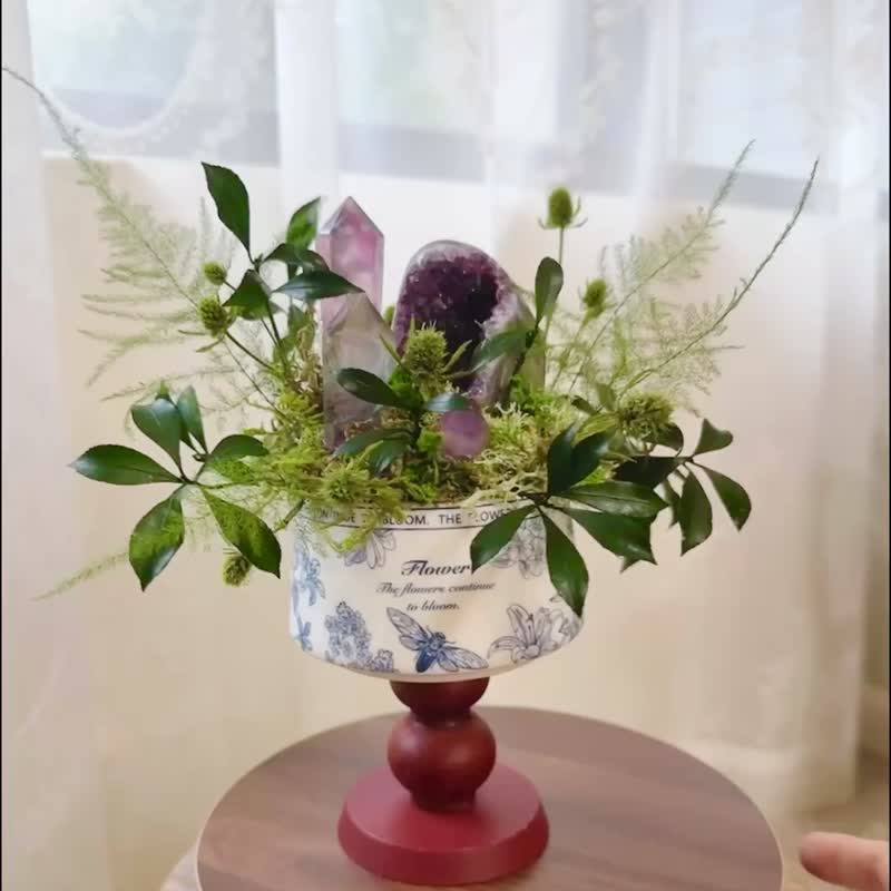 花園占卜師的高腳儀式_ 紫水晶 vs糖果螢石_永生葉材自然綠植 - 盆栽/植栽 - 水晶 紫色