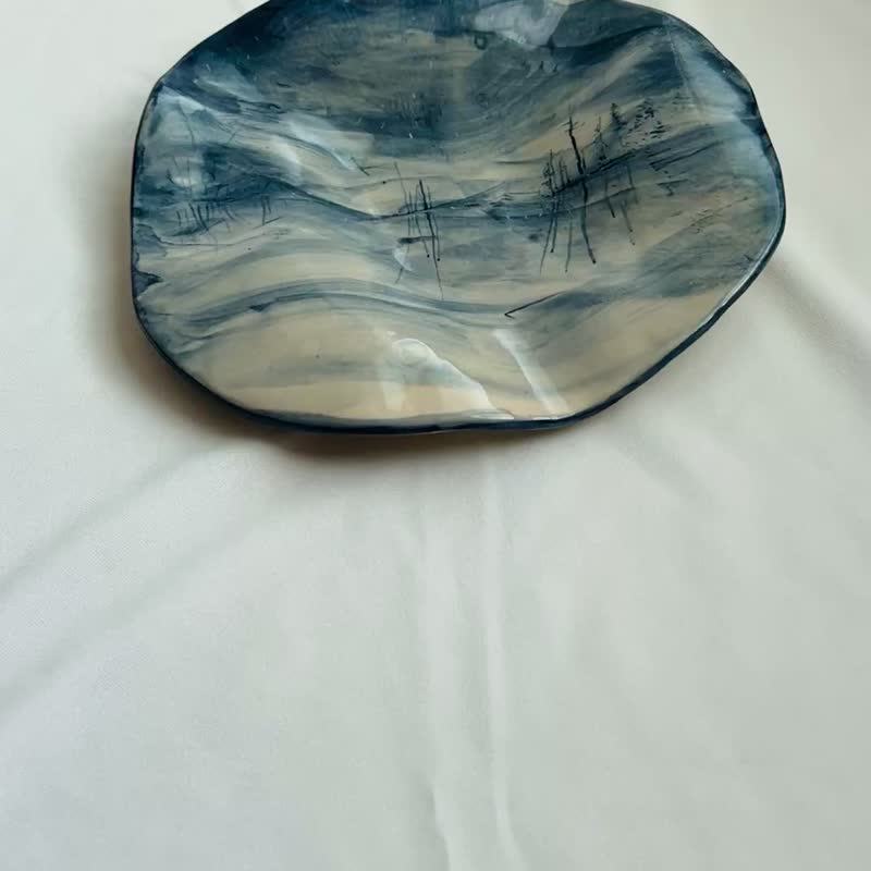 Northern Land hand-painted blue and white curved pottery bowl 21.5x 19.8 x 3.4cm - Plates & Trays - Pottery 