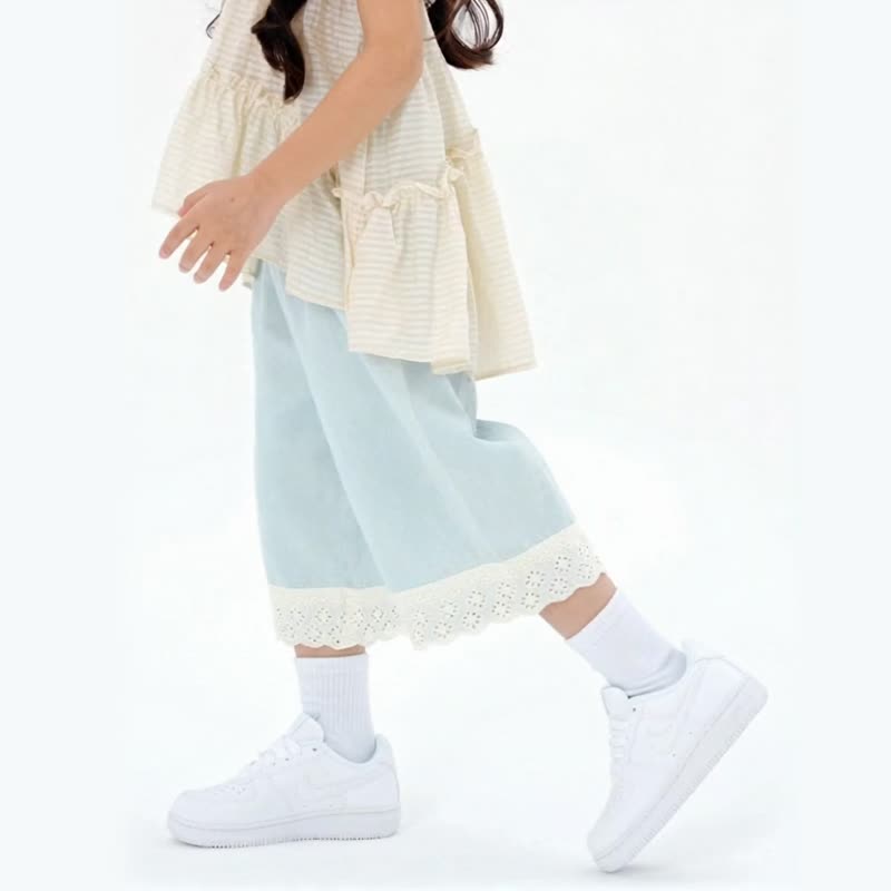 JOPI-Kids' Lace Patchwork Light Denim Pants 2y-8y - กางเกง - ผ้าฝ้าย/ผ้าลินิน สีน้ำเงิน