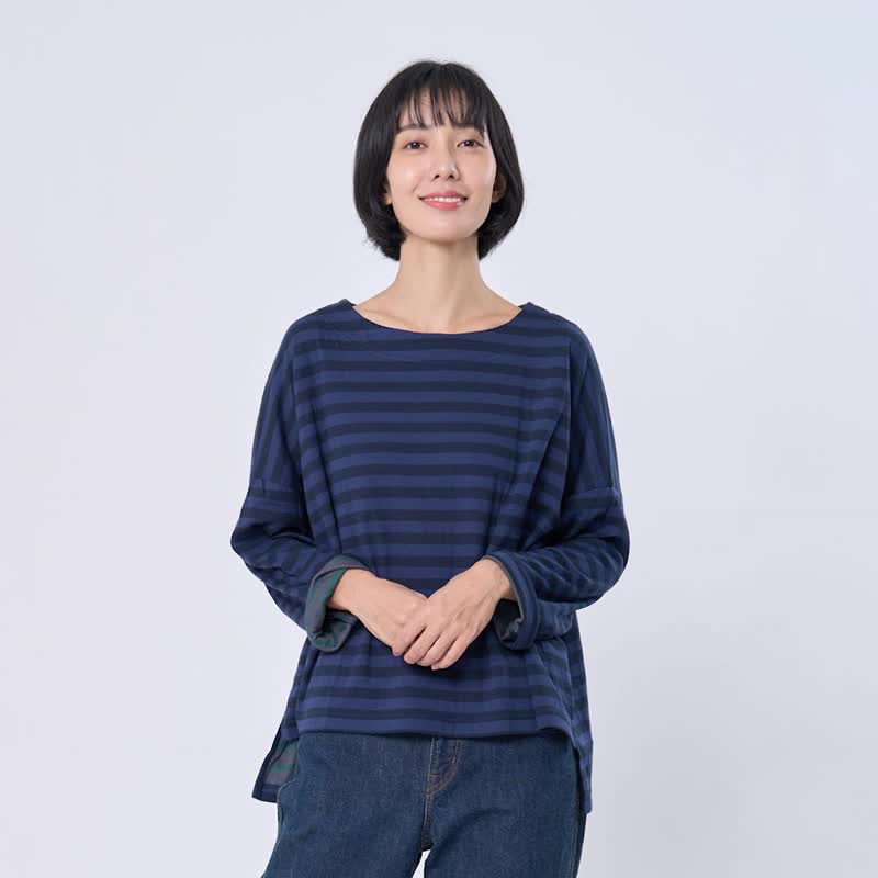 Karen船型領柔軟條紋長袖上衣/藍 (小林穿搭示範) - 女上衣/長袖上衣 - 棉．麻 藍色