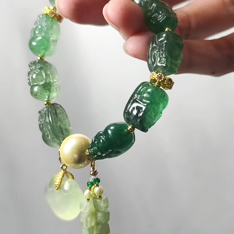 プレミアムグリーンストロベリークォーツ 貔貅 グラデーション 岫玉 如意 ゴールドシェルパール 金運 成功 ブレスレット ギフト - ブレスレット - 宝石 グリーン