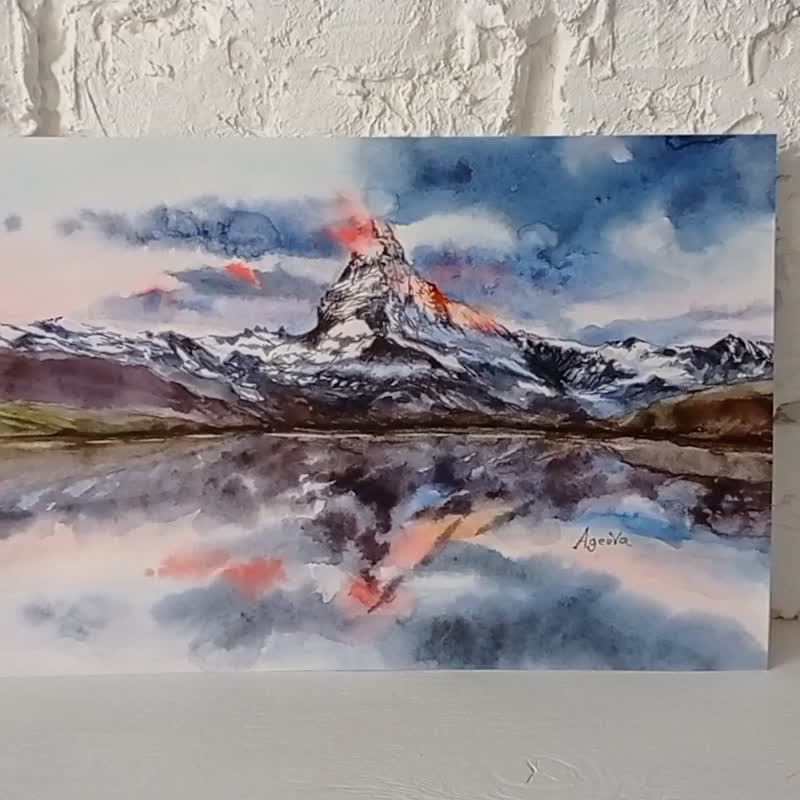 Matterhorn Mountain and Lake Original Art Watercolor Painting by Anna Ageeva - 海報/掛畫/掛布 - 紙 多色