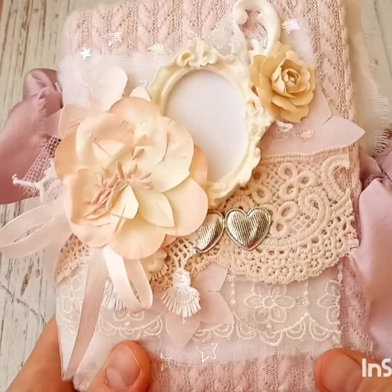 Peach rose junk journal handmade blank Lace floral dairy Woman elegant notebook - สมุดบันทึก/สมุดปฏิทิน - กระดาษ สึชมพู