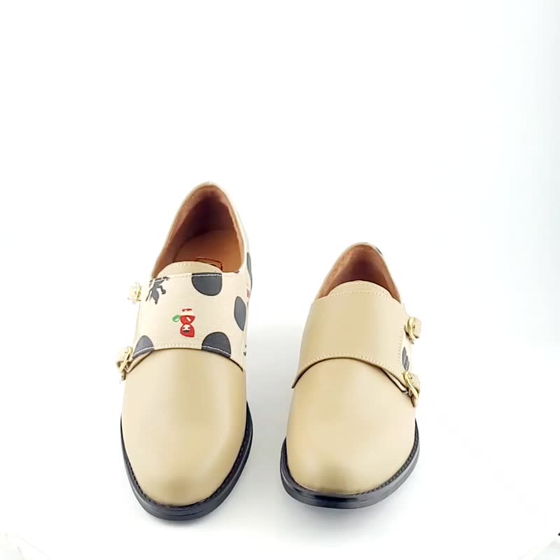 Genuine leather double buckle Mengke shoes - Pearl milk tea women's leather shoes - Women's Leather Shoes - Genuine Leather Khaki