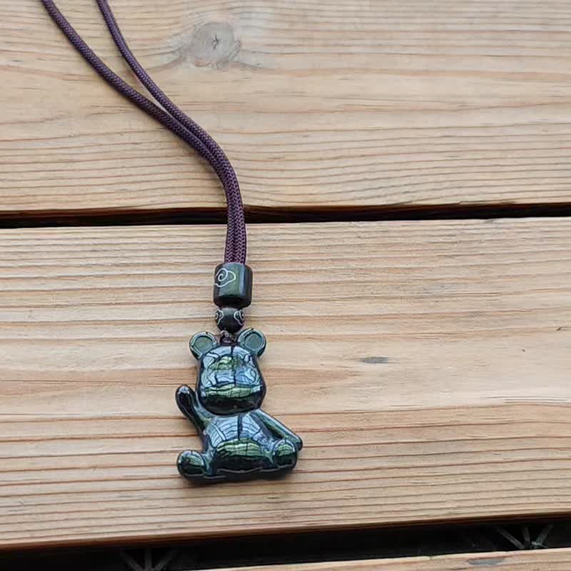 親翠 天然翡翠 烏雞潮黑舉手熊調整式繩鏈 - 項鍊 - 玉石 黑色