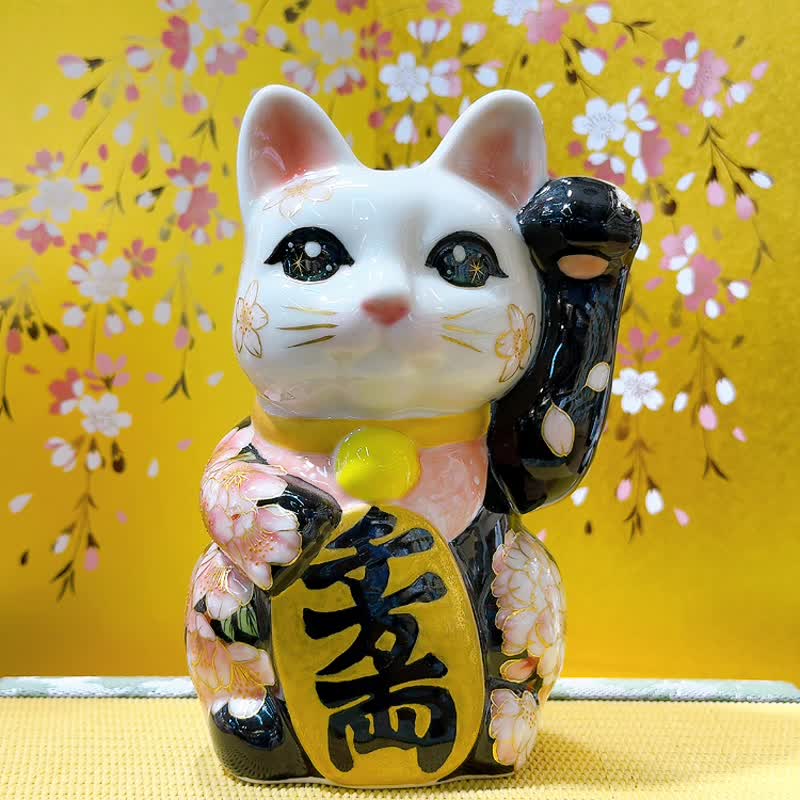 【福櫻綻華】日本清水燒招財貓 | 色繪 - 櫻 中號 - 擺飾/家飾品 - 瓷 白色