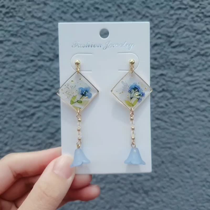 Yanyu hand-made 925 Silver graduation earrings, ear needles and Clip-On with green wind flowers, rhombus blue gift - Earrings & Clip-ons - Resin Blue