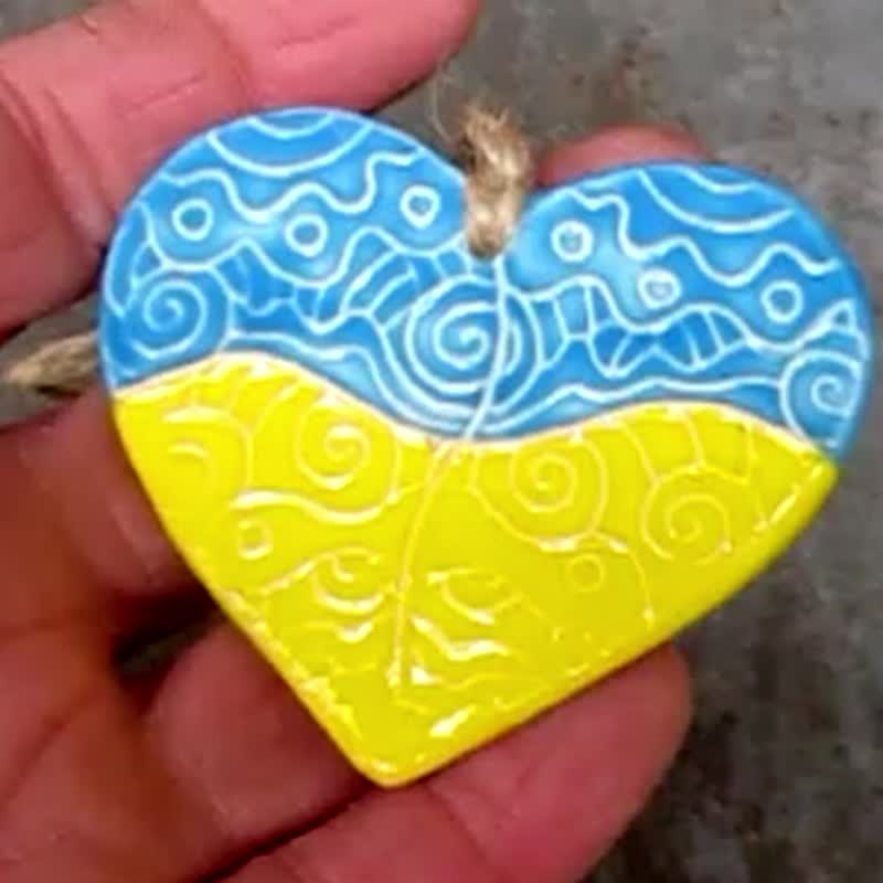 Ceramic heart shaped necklace pendant,ceramic yellow blue heart necklace,ceramic - Necklaces - Pottery Yellow