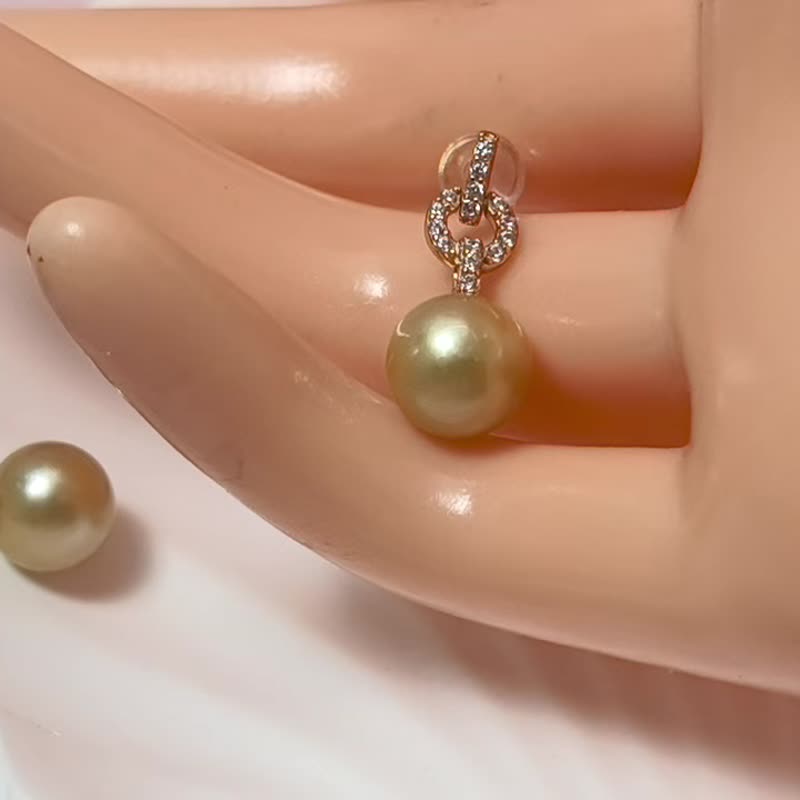 天然海水珍珠 香檳金 南洋金珠  純銀 耳環 - 耳環/耳夾/耳骨夾 - 珍珠 金色