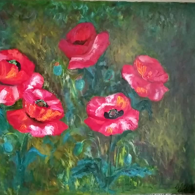 Poppy painting Original Art Flowers in the garden - 海報/掛畫/掛布 - 其他金屬 紅色