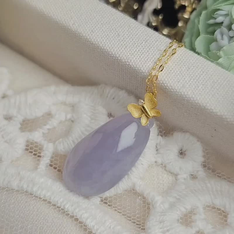 Blessings·Nobles|Pure 18k gold ice purple melon|Myanmar A-quality jadeite ice red purple melon butterfly good luck pendant - Necklaces - Jade 