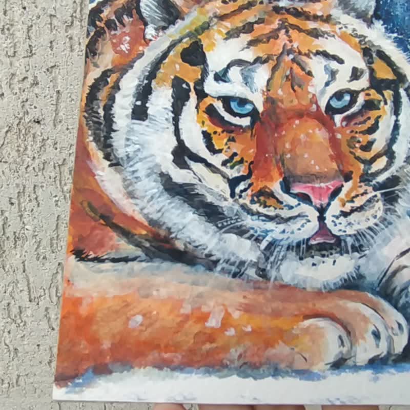 Tiger Painting Snow Original Art Acrylic Winter Landscape Art Portrait Animal - 海報/掛畫/掛布 - 其他材質 橘色