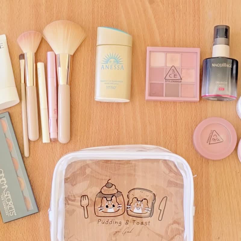 霧面 透明防水包 收納包 化妝包 可愛石虎貓 珍珠奶茶 - 化妝袋/收納袋 - 防水材質 白色