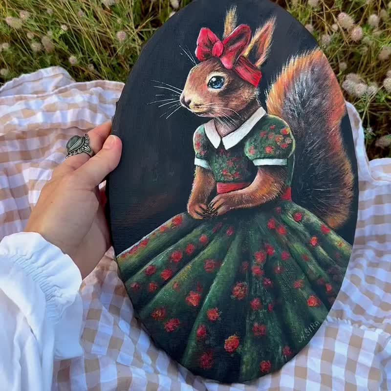 Squirrel original oval painting, Squirrel wall art, Forest animals, Home decor - ตกแต่งผนัง - ผ้าฝ้าย/ผ้าลินิน สีดำ