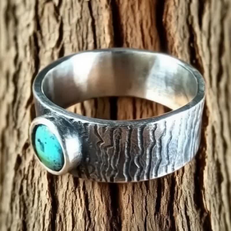 【Captain Flint手作銀飾】林間之石 天然綠松石樹皮質感純銀戒指 - 戒指 - 寶石 綠色