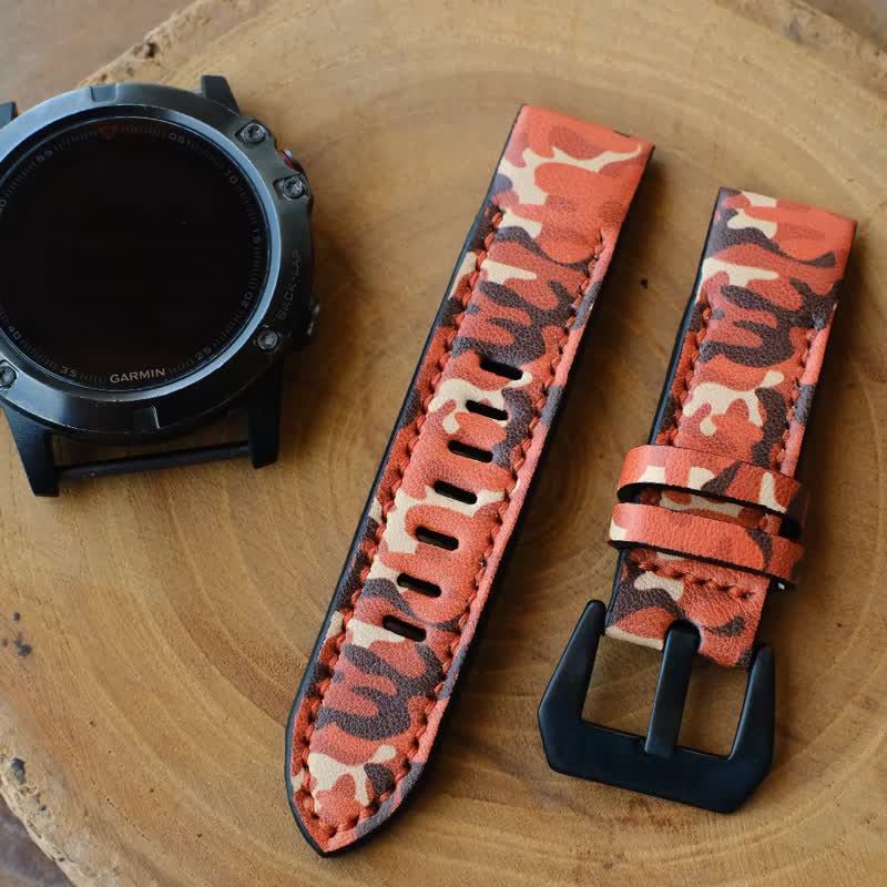 Garmin Orange Camo Watch Band With Quickfit Garmin Connector - Watchbands - Genuine Leather Orange