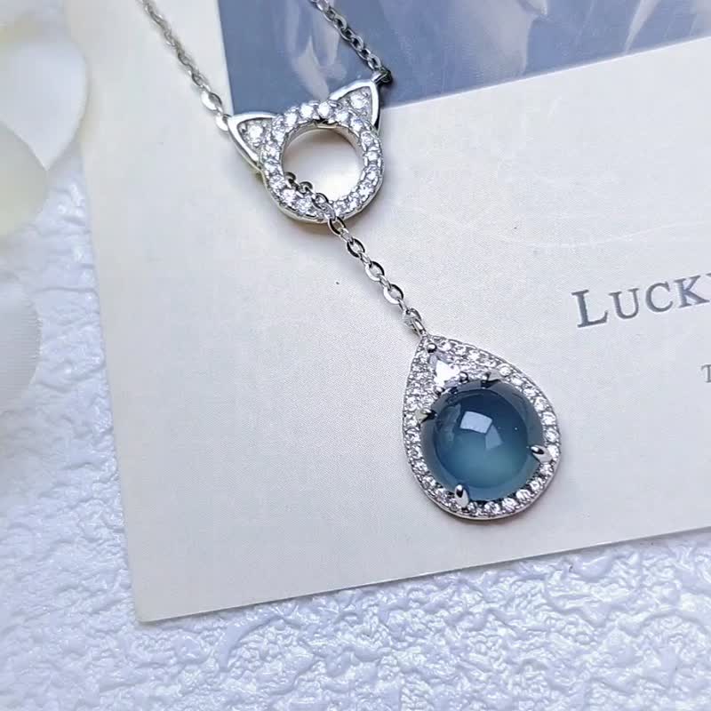 Fortune | Starry sky blue cat chain | A-quality jade ice glass dark blue large egg surface sterling silver telescopic necklace - Necklaces - Jade 