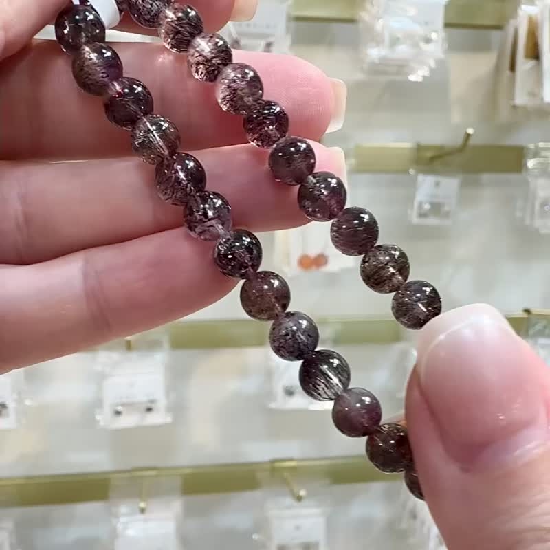 精品天然稀有黑紅超七6.4-6.8mm11.30g礦多爆閃黑煙花彼岸花 - 手鍊/手環 - 水晶 黑色
