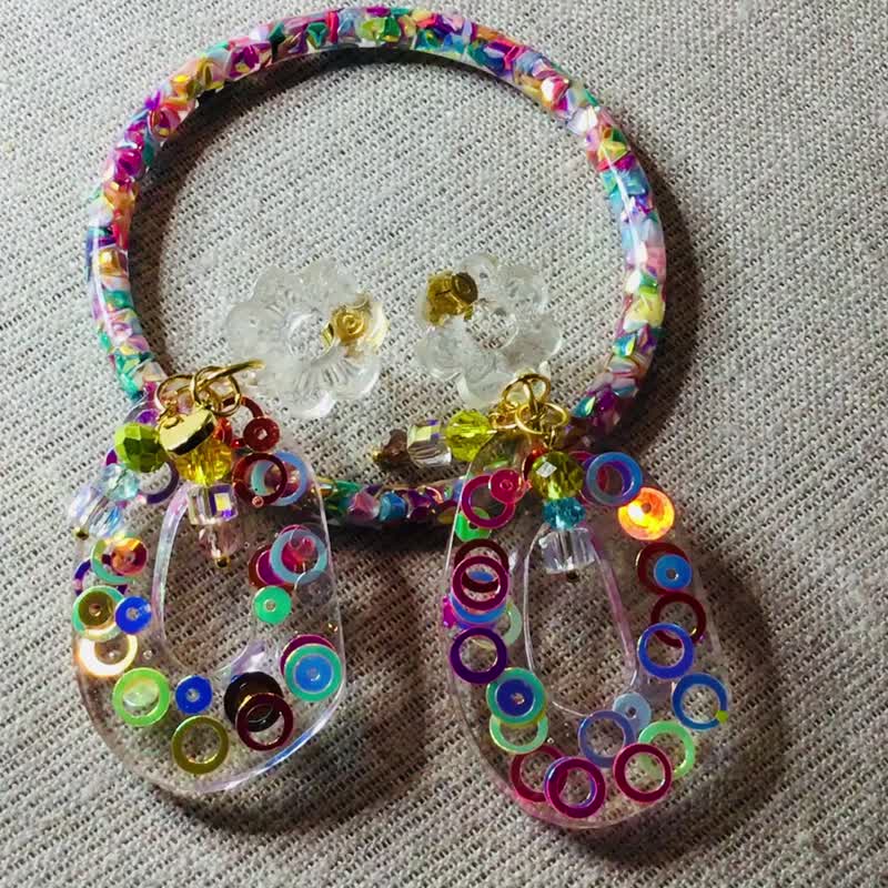 Colourful set of resin bangle & earrings,long drop dots earrings,transparent - ต่างหู - เรซิน หลากหลายสี