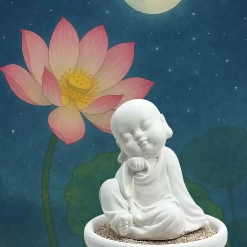 淨念吉祥小沙彌之一念小盤套組 禪意香氛盤  文青靜心可愛擺件 - 香氛/精油/擴香 - 水泥 白色