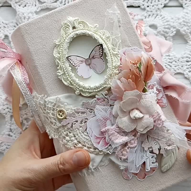 French roses journal handmade Elegant butterfly dairy Flowers pink notebook - สมุดบันทึก/สมุดปฏิทิน - กระดาษ สึชมพู
